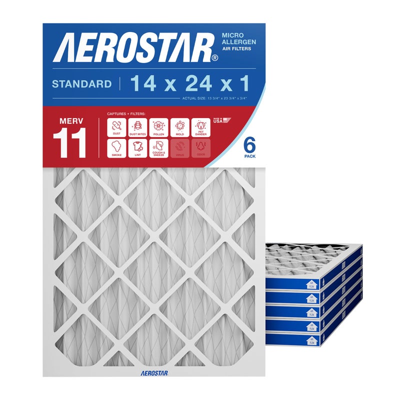 Aerostar 14x24x1 MERV 11 - 6 Count - Pleated HVAC, Furnace & Air Conditioner Filters - Removes Dust, Cold & Flu Germs, Lint, Mold, Pet Dander, Allergy-Causing Pollen, Smog & Smoke - Image 1